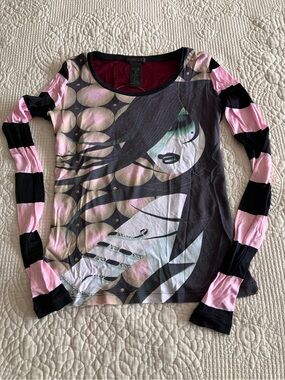 VTG Custo graphic long sleeve top with Pink & Black Stripes